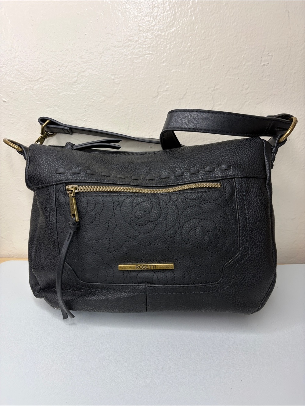 Rosetti Black Leather Crossbody Bag with Rose Embossing